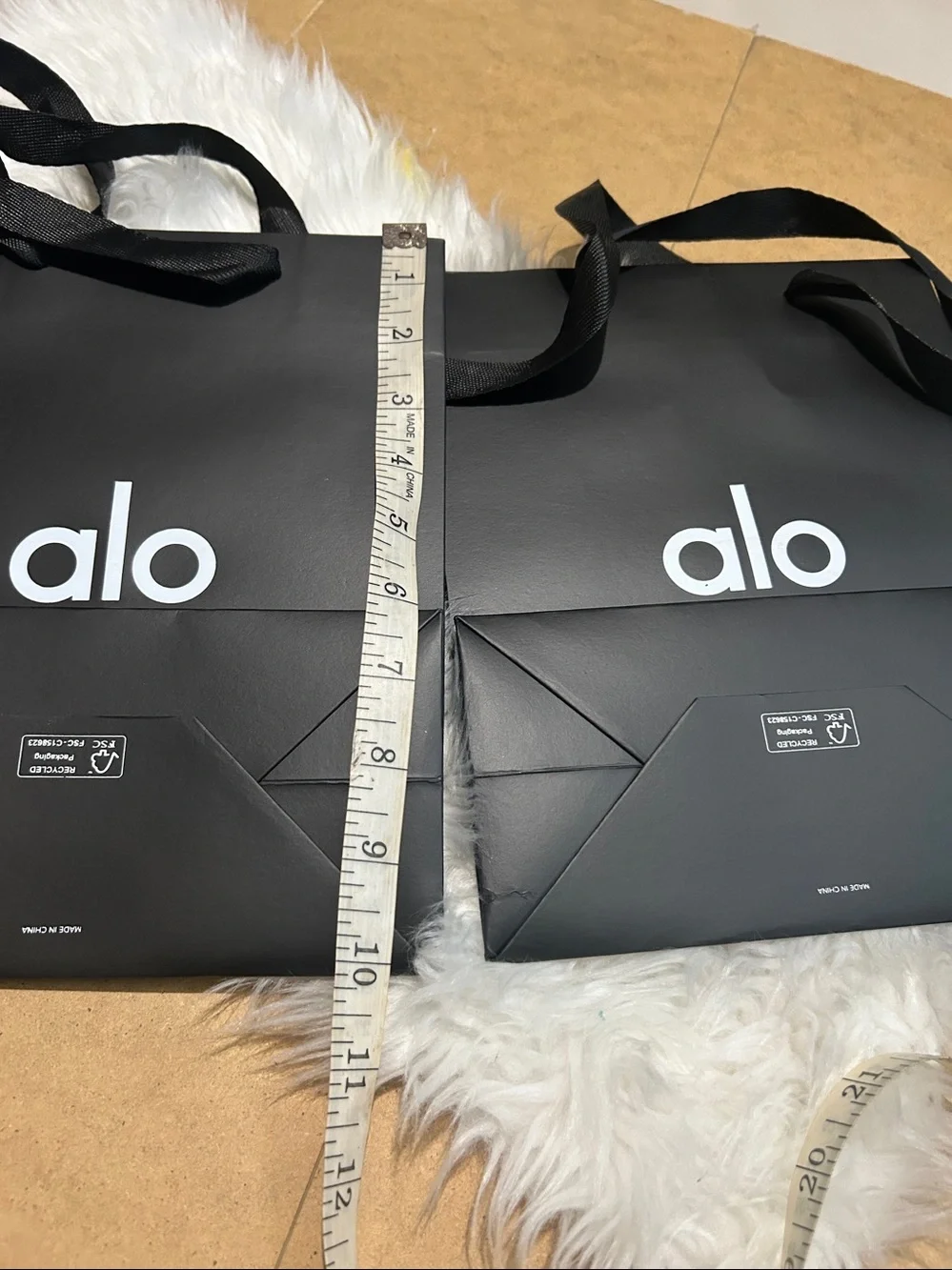 A/O shopping paper bag in black with ribbons handle lot of two 8”x10”